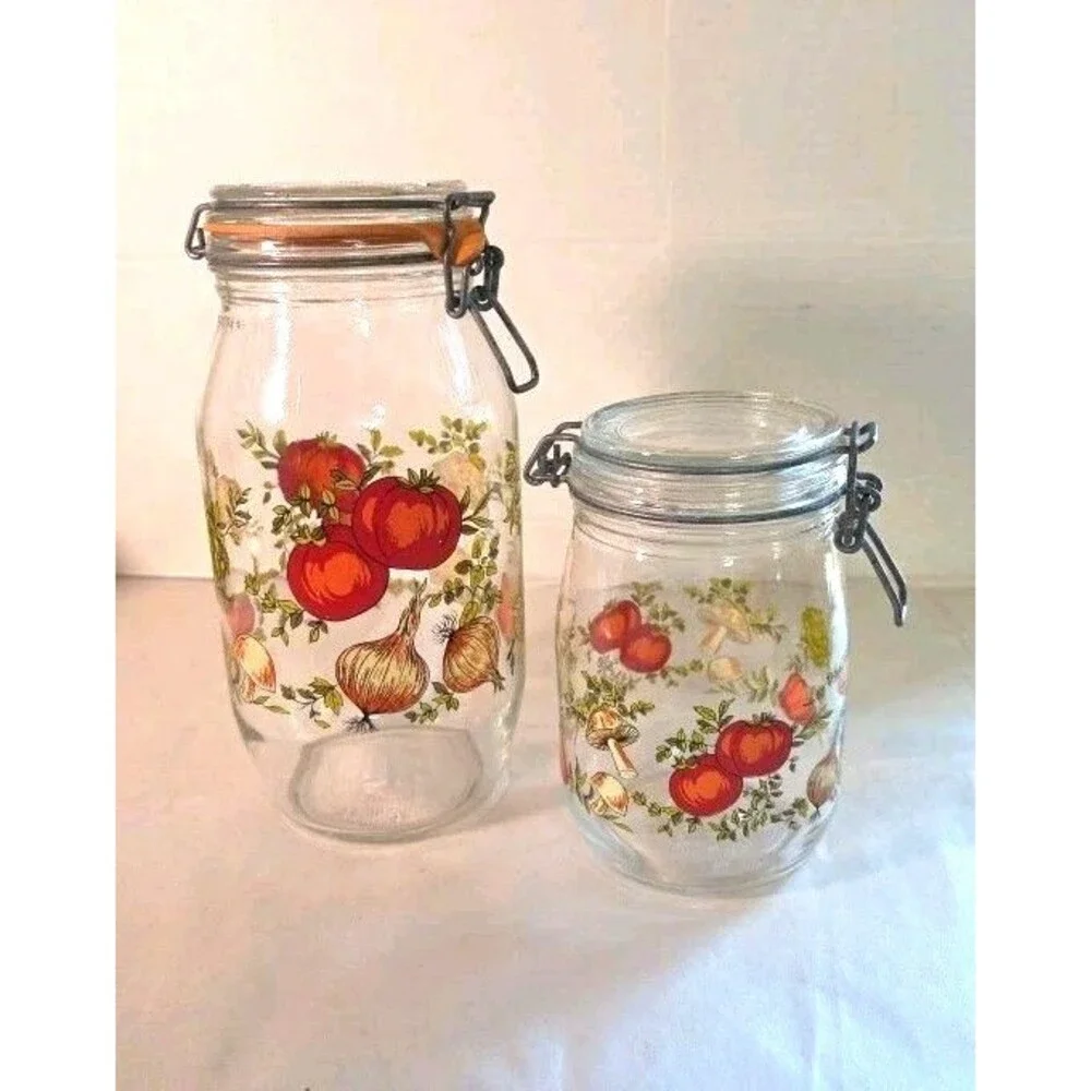 Vintage 2 Glass Canisters France Mushroom Spice Of Life 2 liter & 1 Liter Arc